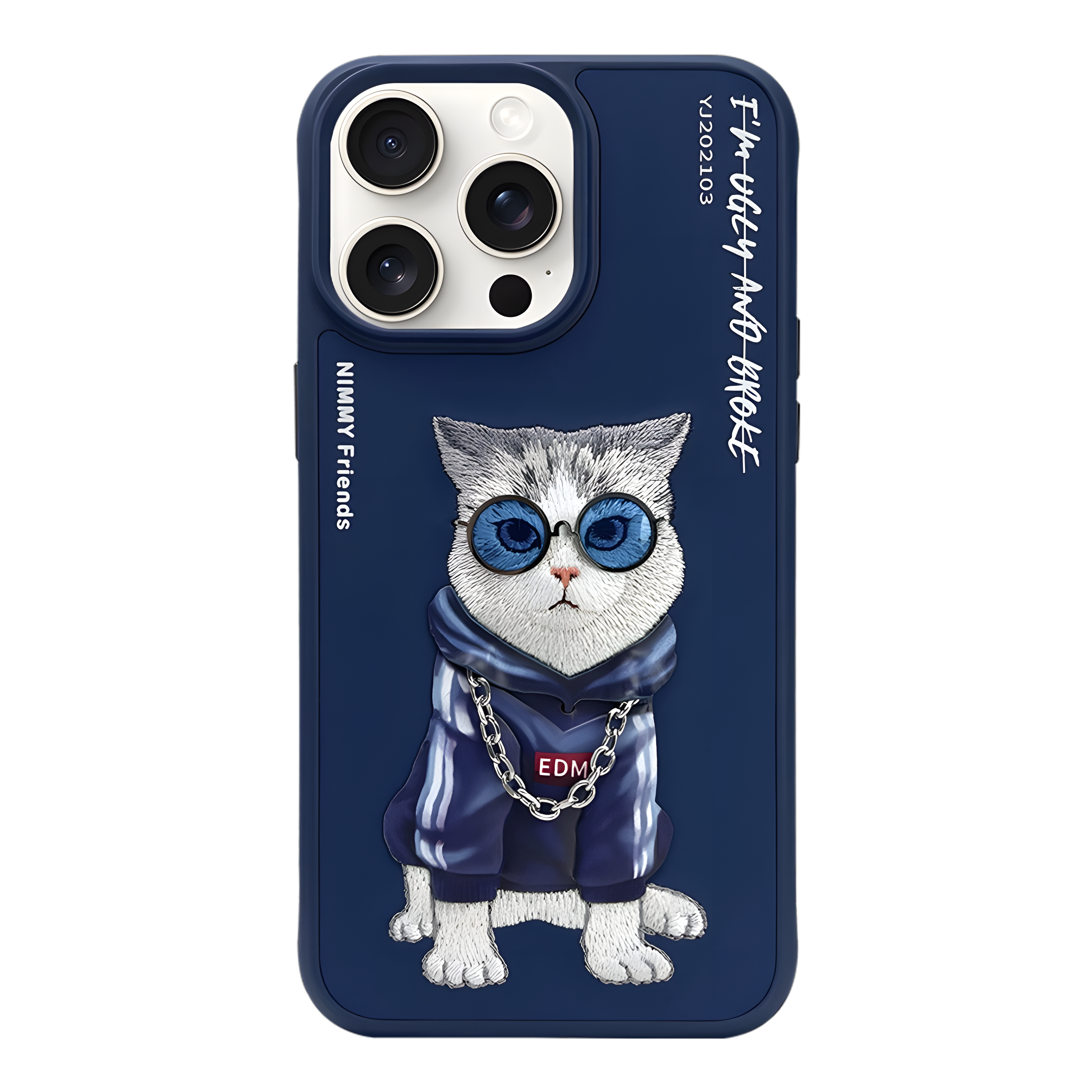 iPhone 14 Pro Max | Nimmy 3D Gerçek Nakış İşlemeli Zincir ve Gözlük Detaylı Desenli Kılıf