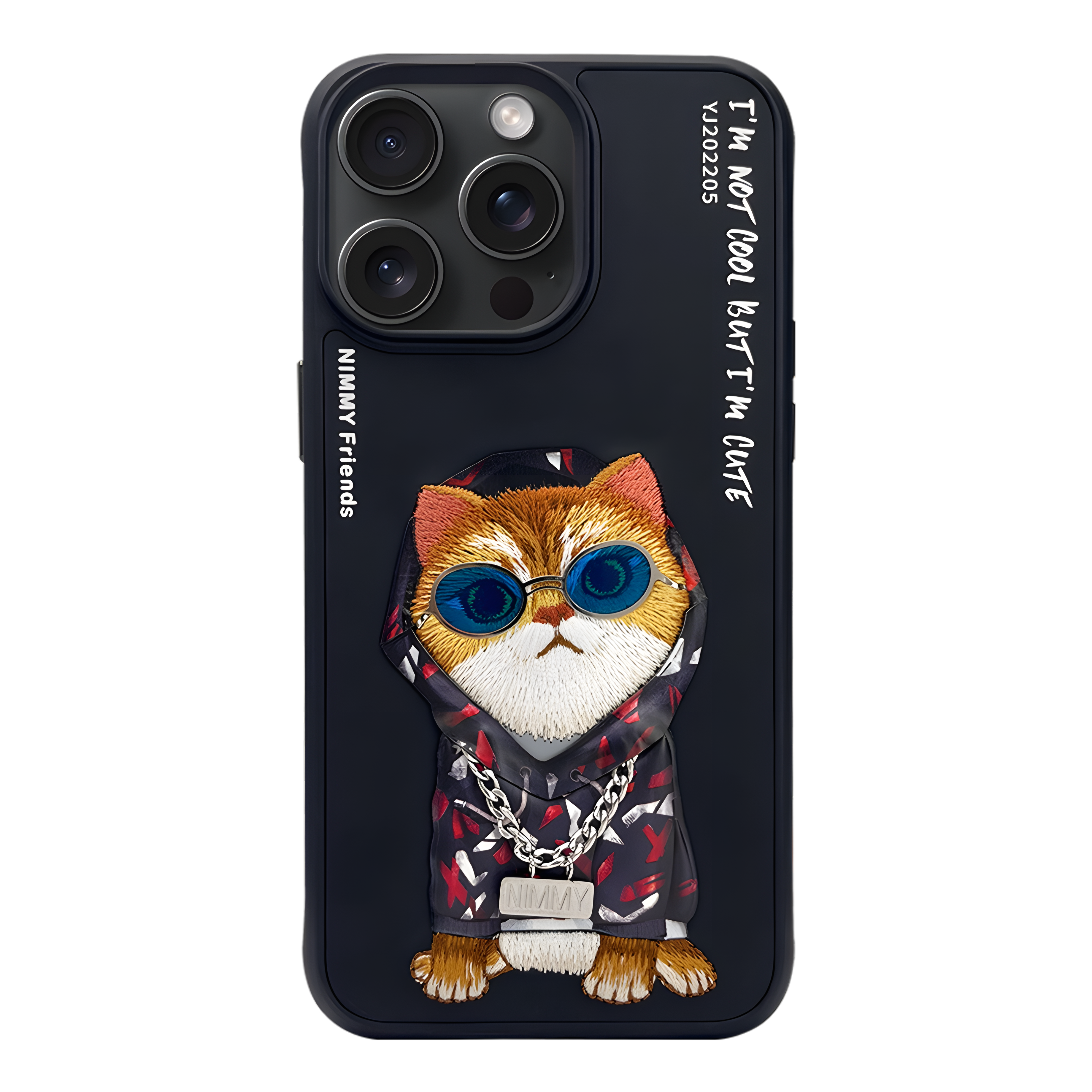 iPhone 14 Pro Max | Nimmy 3D Gerçek Nakış İşlemeli Zincir ve Gözlük Detaylı Desenli Kılıf