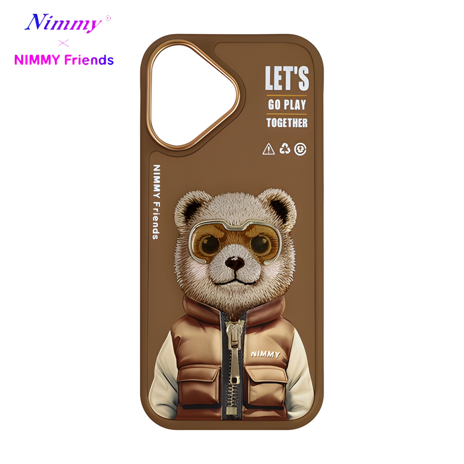 iPhone 16 Uyumlu | Nimmy 3D Gerçek Nakış İşleme Fermuarlı Mont ve Gözlük Detaylı Premium Ayıcık Kılıf