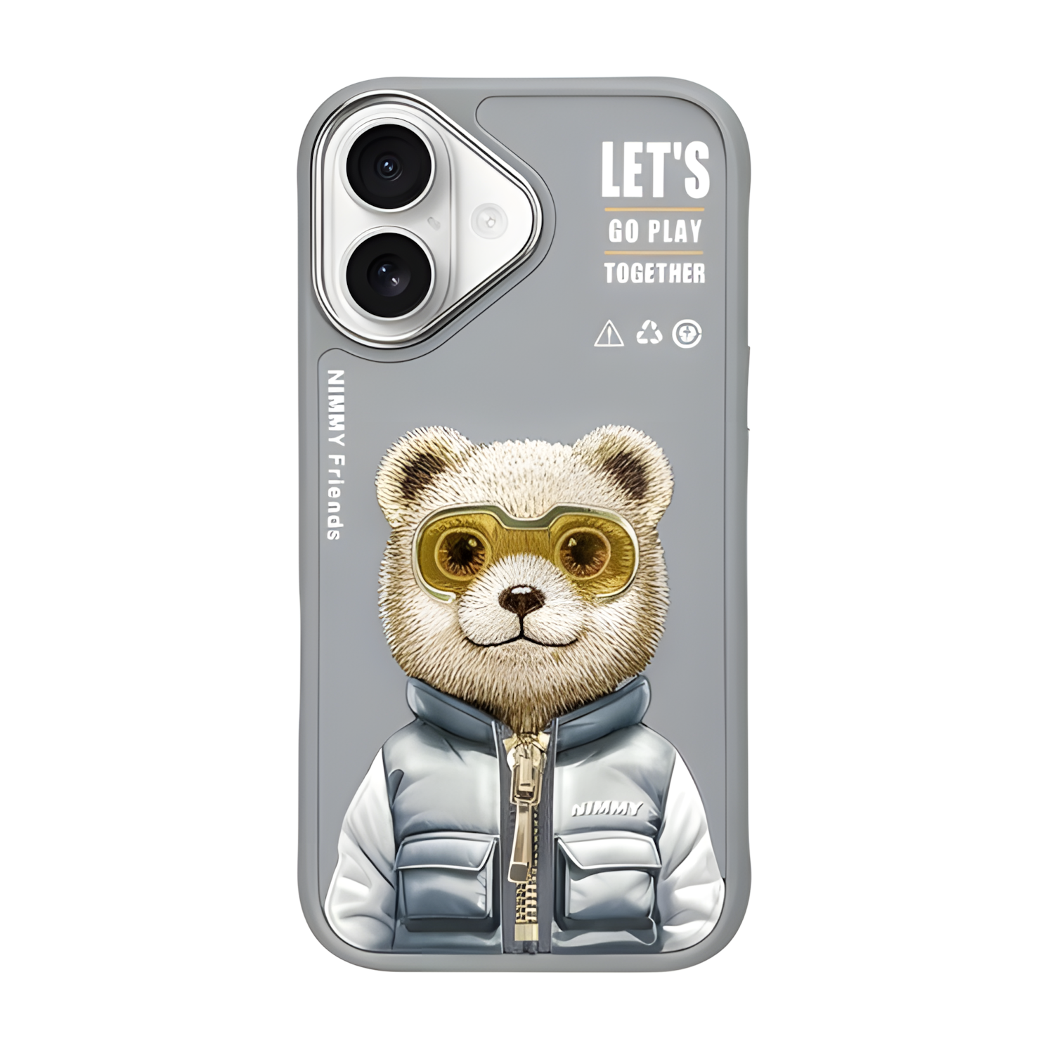 iPhone 16 Uyumlu | Nimmy 3D Gerçek Nakış İşleme Fermuarlı Mont ve Gözlük Detaylı Premium Ayıcık Kılıf
