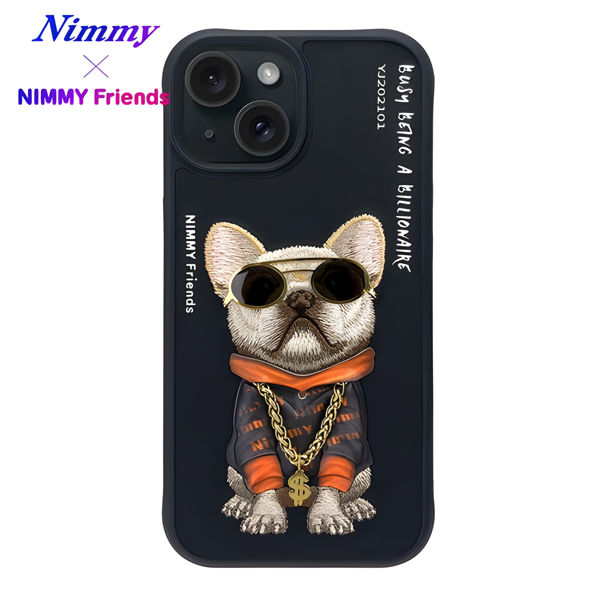 iPhone 13/14 | Nimmy 3D Gerçek Nakış İşlemeli Köpek Figürlü Gözlük ve Zincir Detaylı Cool Glasses Kılıf